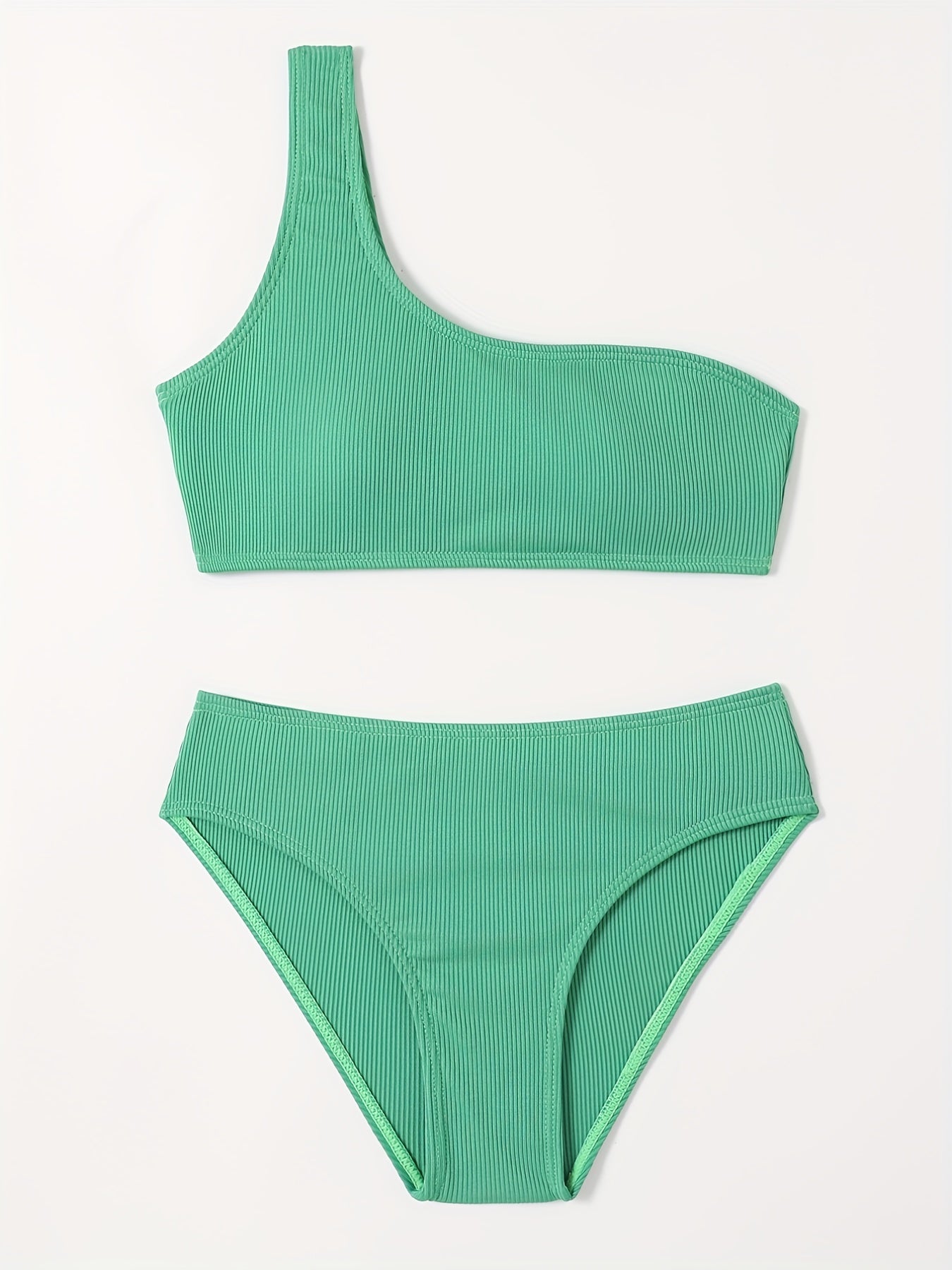 Girl's Solid Bikini Set One Shoulder Tank Top & Briefs
