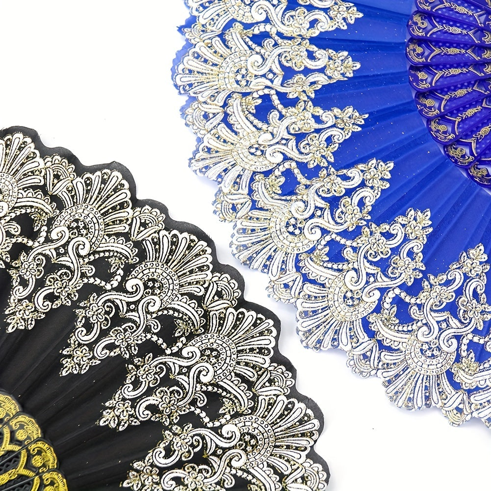 Chinese Folding Fan Lace Cloth Printing Flower Plastic Skeleton Hand Fan