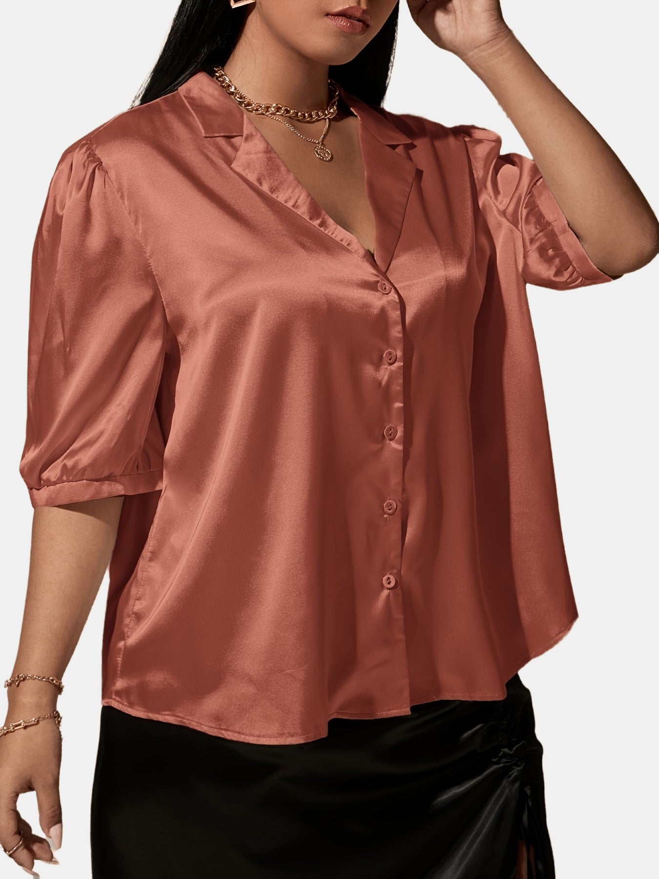  Satin Lapel Collar Short Sleeve Shirt Women's Plus Slight Stretch Shir