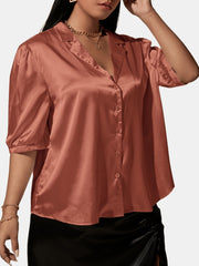  Satin Lapel Collar Short Sleeve Shirt Women's Plus Slight Stretch Shir