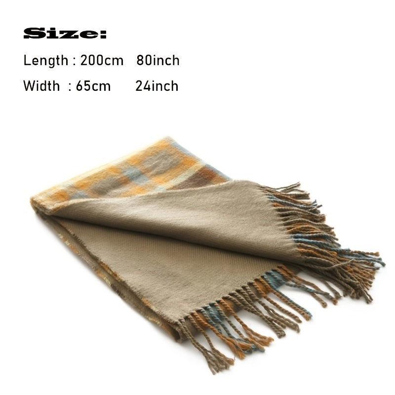Women Plaid Scarves Wool Shawl Khaki Wool Scarf Boho Cape Winter Tassel