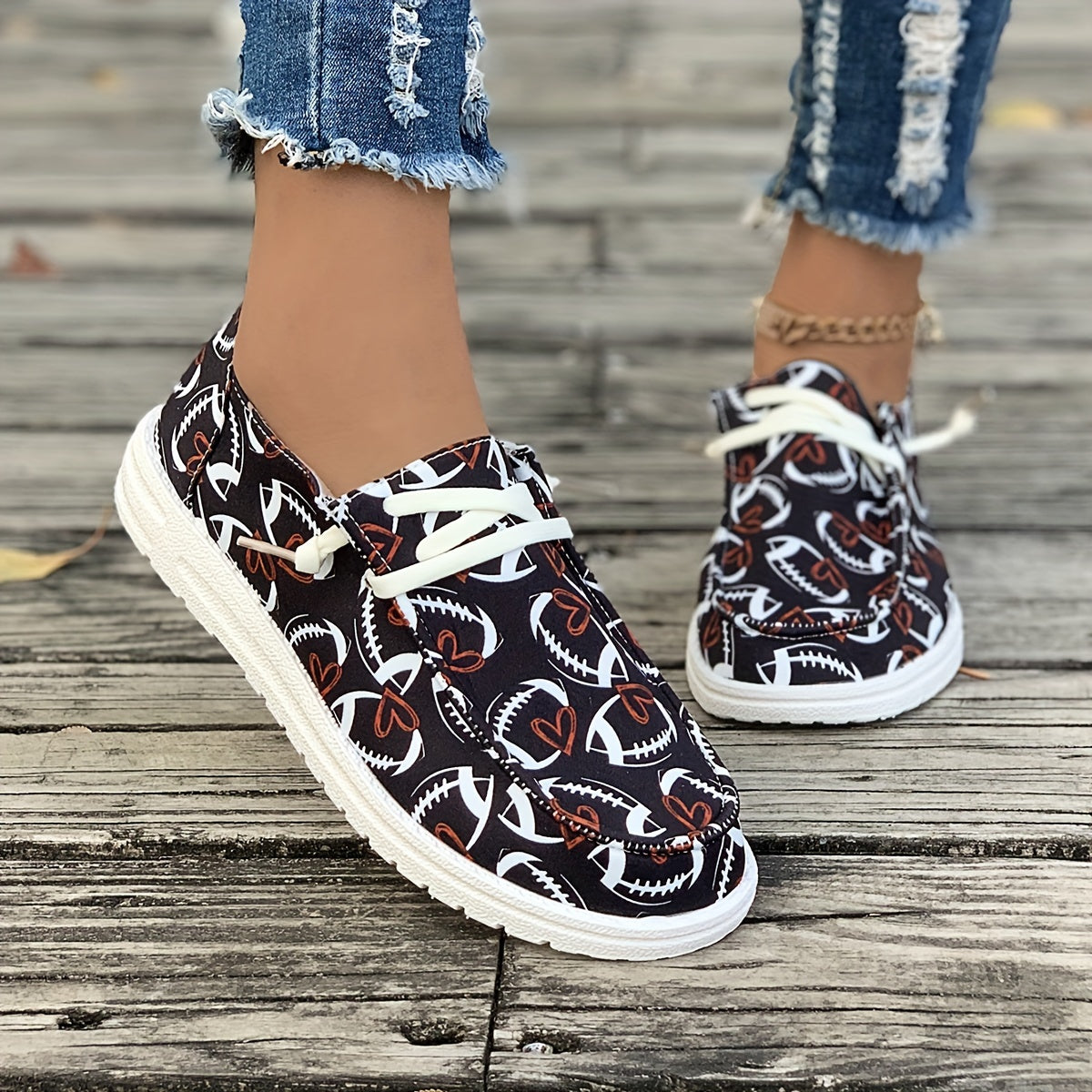 Women's Skateboard Shoes with Rugby Ball Love Heart Pattern
