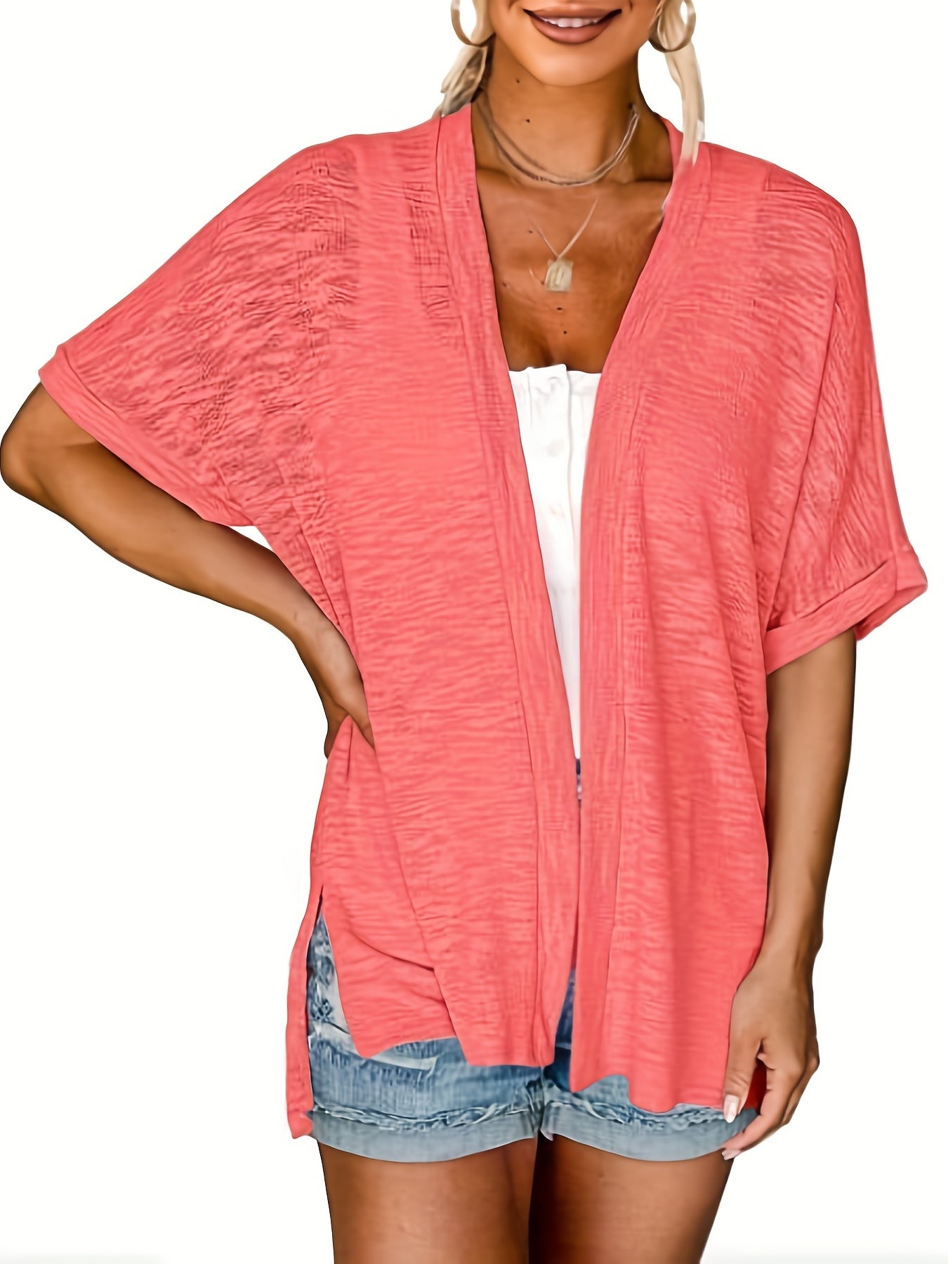  Solid Short Sleeve Open Front Cardigan