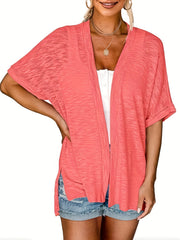  Solid Short Sleeve Open Front Cardigan