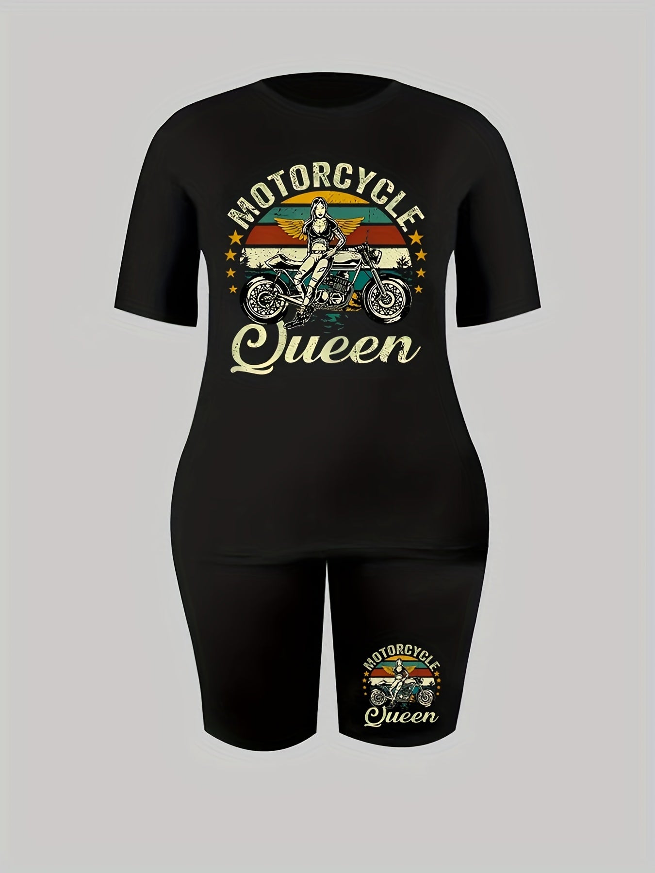 Women's Plus Girl & Motorcycle Print Crew Neck Top & Shorts Outfit Set
