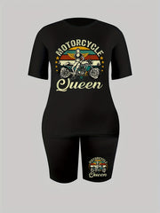 Women's Plus Girl & Motorcycle Print Crew Neck Top & Shorts Outfit Set