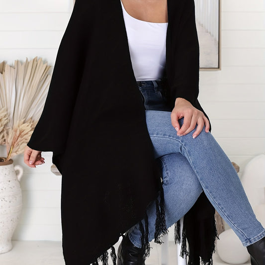  Fringe Trim Open Front Cardigan