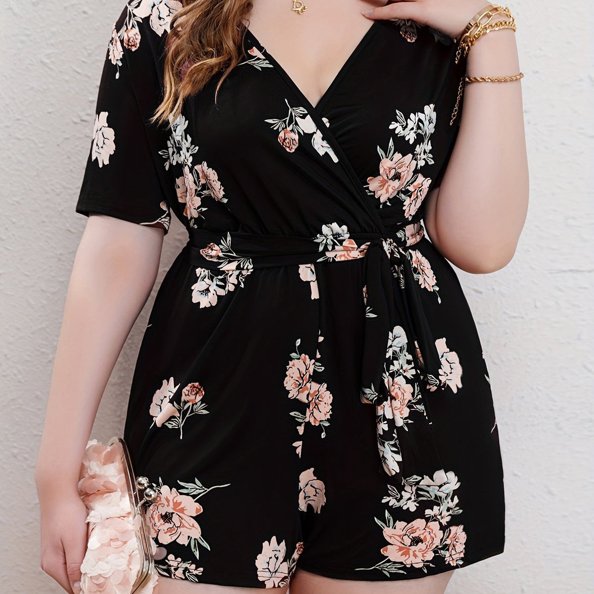 Floral Print Short Sleeve Romper with Belt