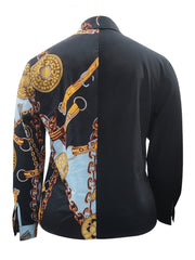  Colorblock Chain Print Long Sleeve Button Up Shirt