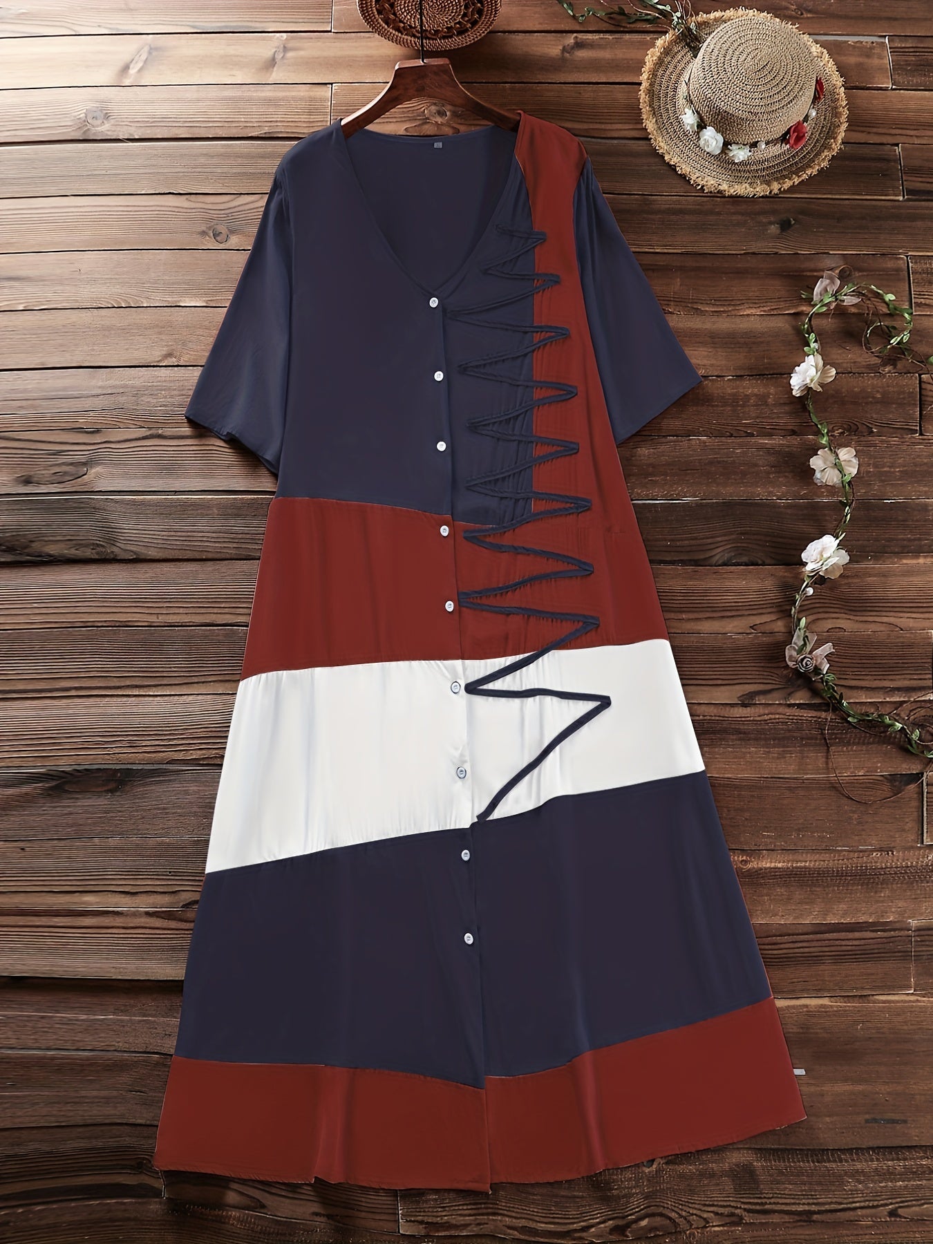 Colorblock Button Up V Neck Tee Dress