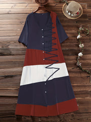  Colorblock Button Up V Neck Tee Dress