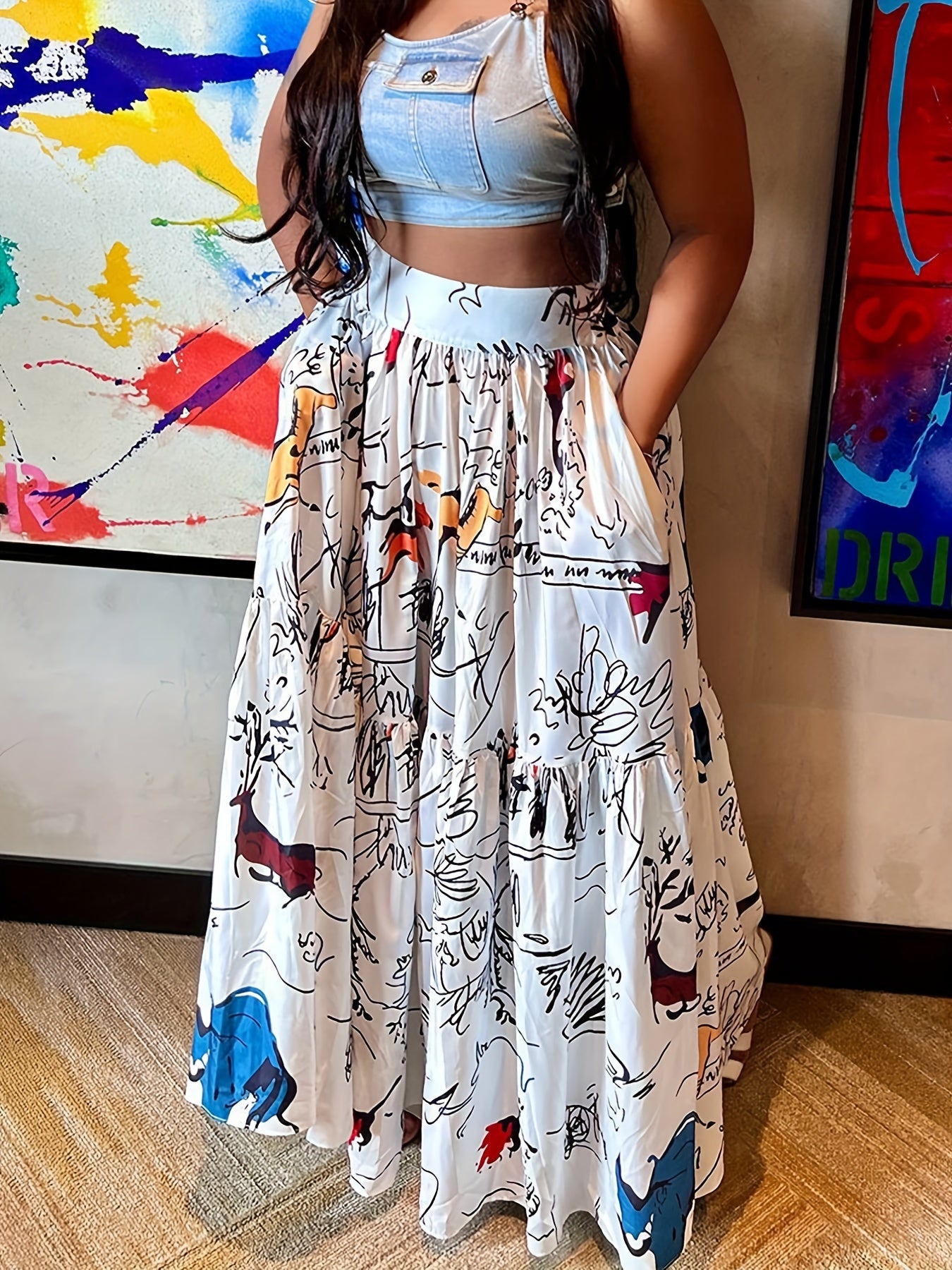  Graffiti Print High Rise Maxi Skirt with Pockets
