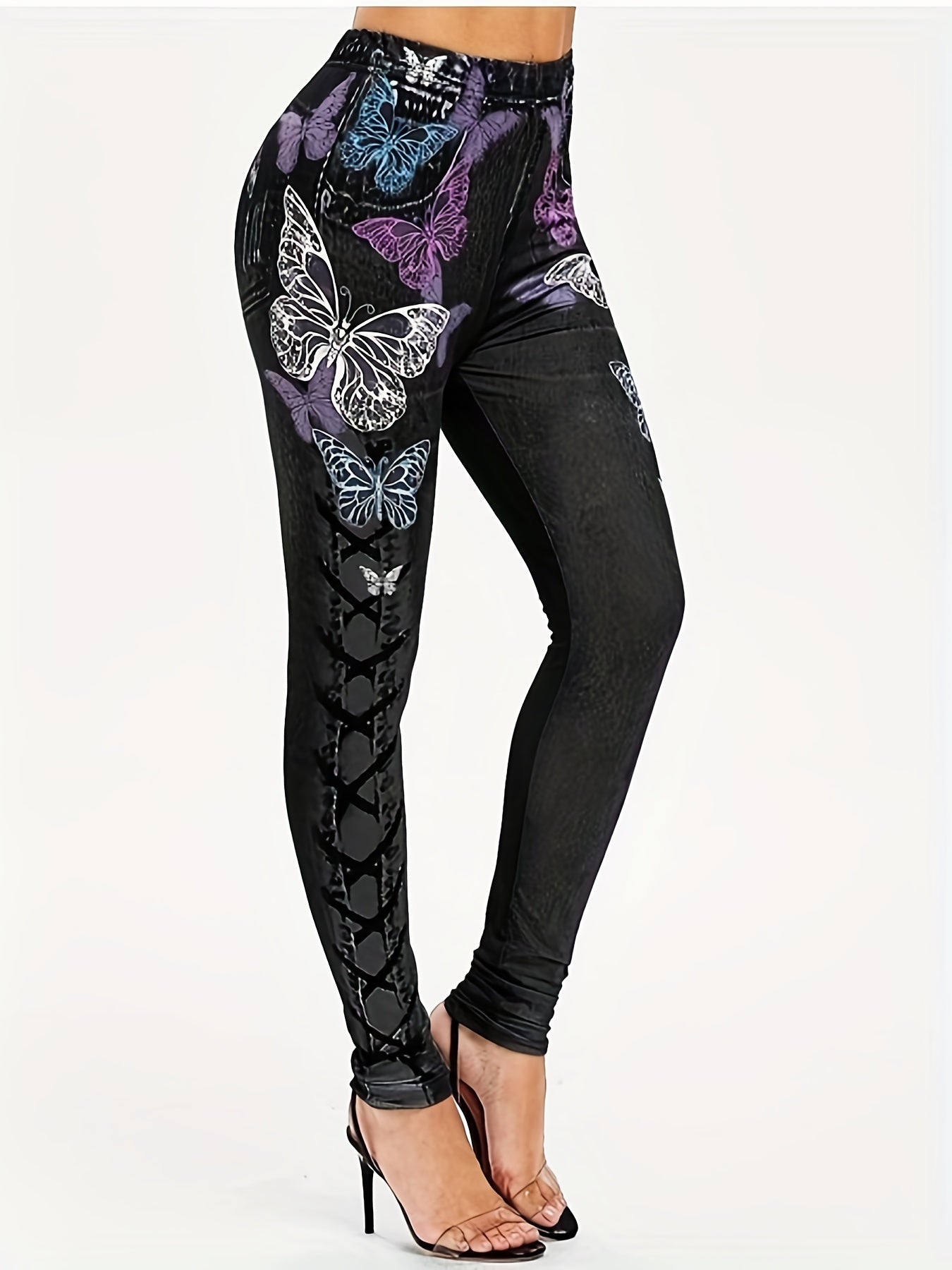  Butterfly & Denim Print High Rise Leggings