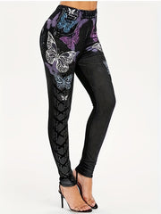  Butterfly & Denim Print High Rise Leggings