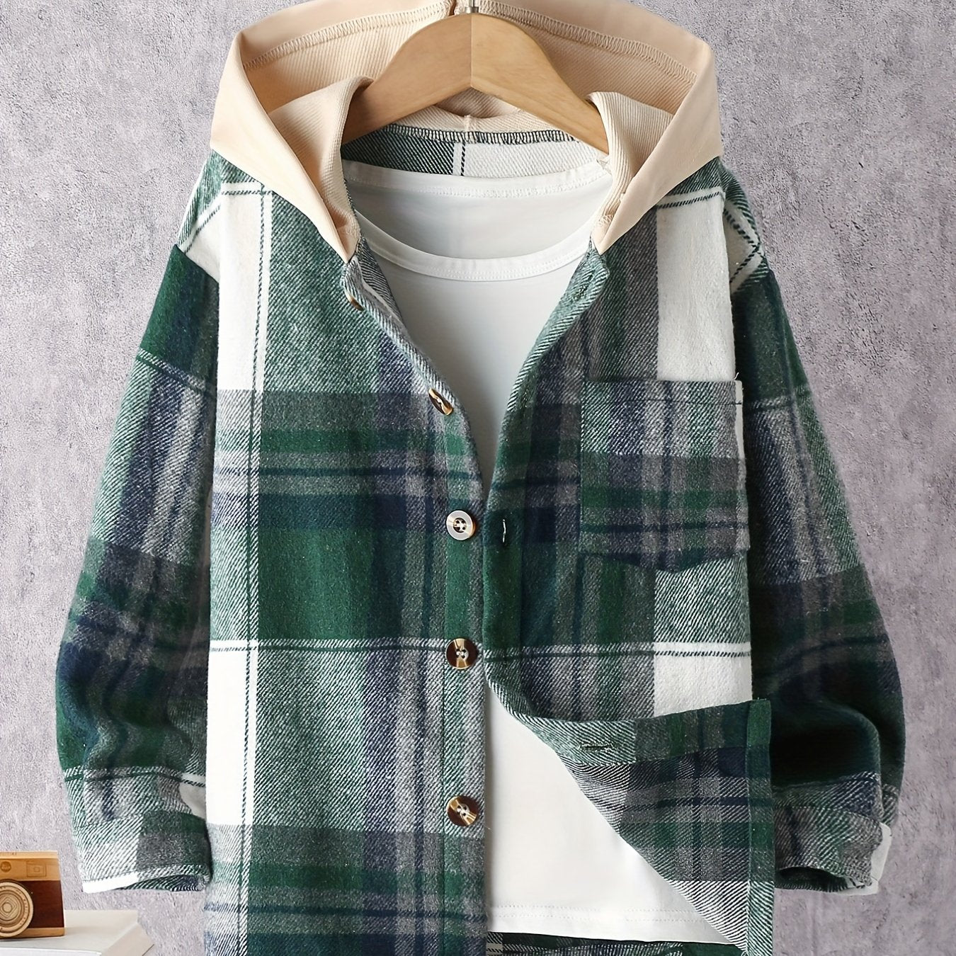 Boys Plaid Print Hooded Shirt Coat Long Sleeve Casual Button Closure