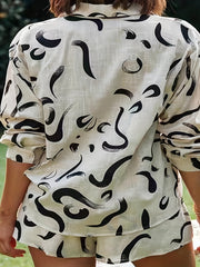  Print Long Sleeve Blouse & Loose Shorts Set