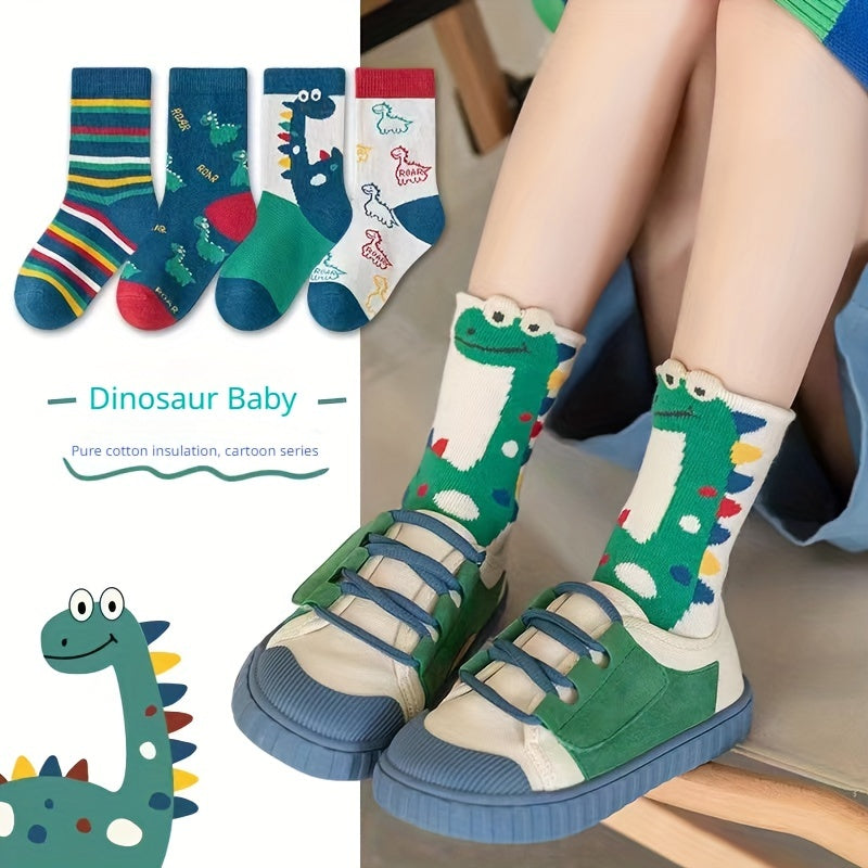 5pcs Kids Boys Dinosaur Striped Cotton Mid Tube Socks
