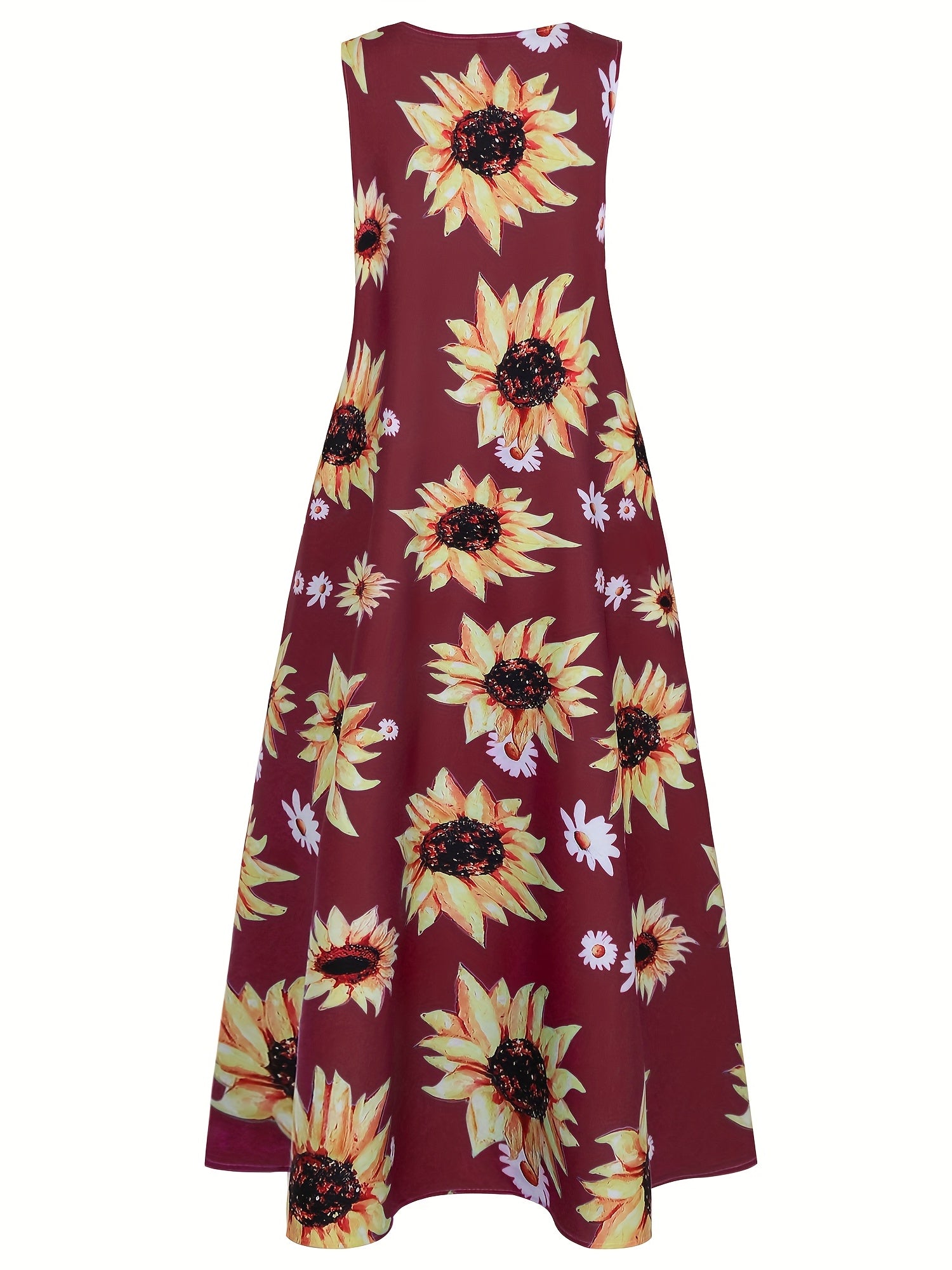  Sunflower Print Tank Dress Sleeveless Maxi A-line Notched Neck