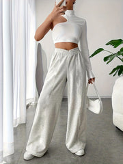  Wide Leg Trousers V waist High Rise Solid Casual Pants
