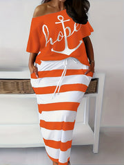 Women's Plus Anchor & Letter Print T shirt & Strip Slim Fit Skirt 2pcs Set