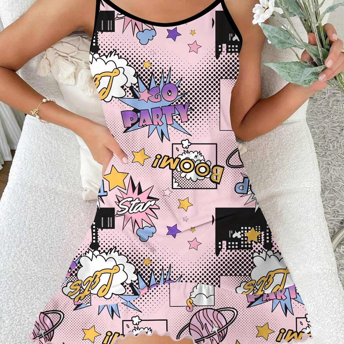 Letter Print Nightdress Spaghetti Strap Sleep Dress Women's Sleepwear