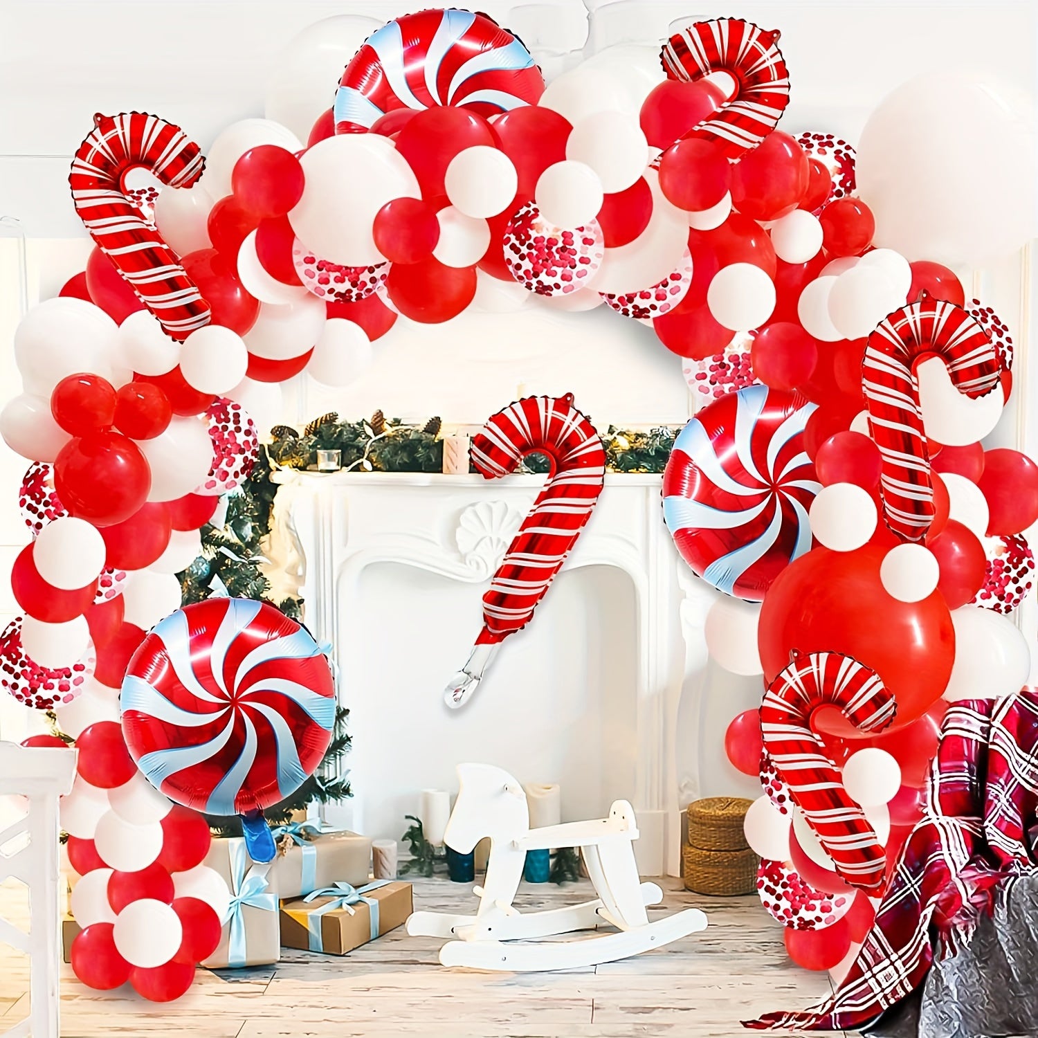 115pcs Candy Cane Balloon Arch Kit Christmas Decoration Red Confetti Balloons