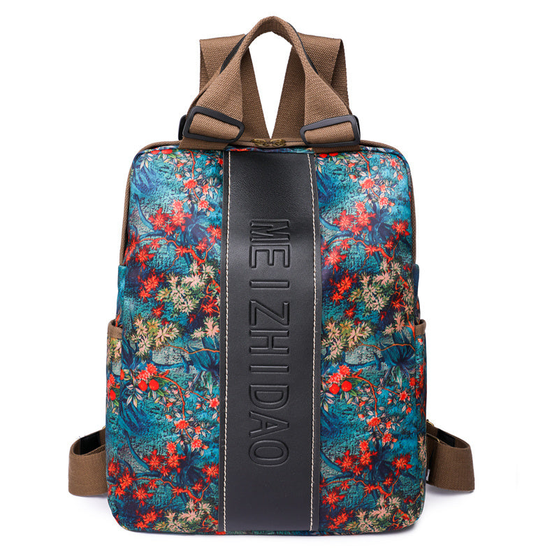 Flower Print Nylon Backpack Large Capacity Laptop Bag with Adjustable Strap