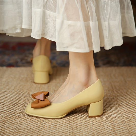 Bowknot Chunky Heels Slip On Pumps