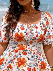  Floral Print Tie Front Puff Sleeve Square Neck Split Mini Dress
