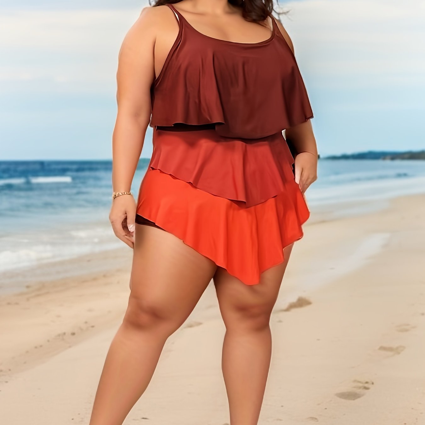  Modest Swimsuit Colorblock Ruffle Trim One Piece Bathing Suit