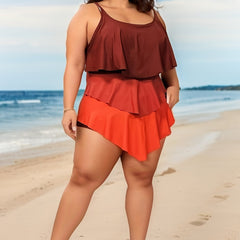  Modest Swimsuit Colorblock Ruffle Trim One Piece Bathing Suit