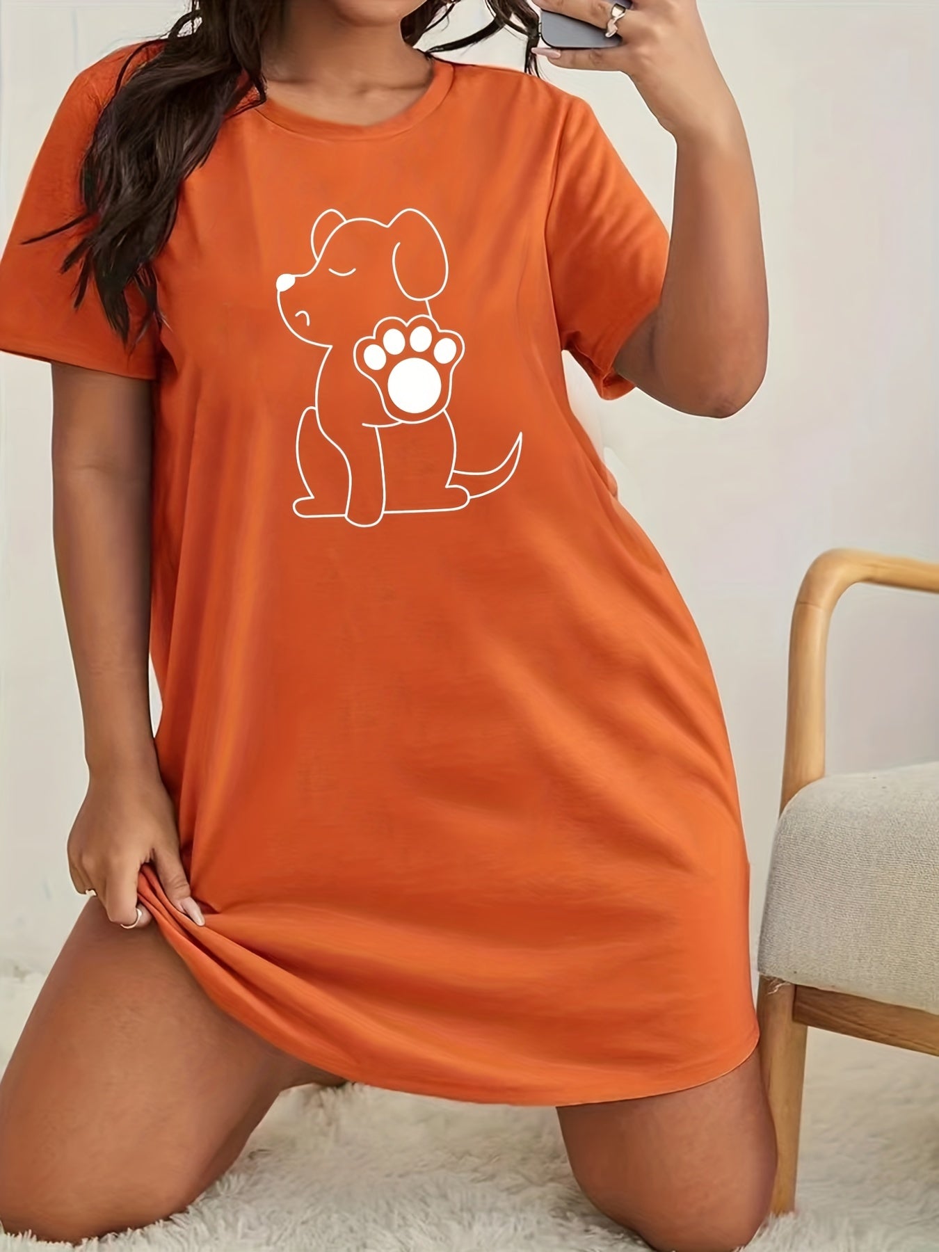  Dog Print Sleep Dress, Short Sleeve Nightdress