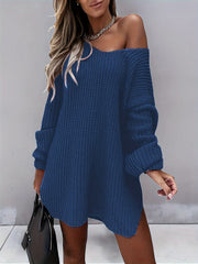  Casual Sweater Dress Women's Solid Lantern Sleeve One Shoulder Dress