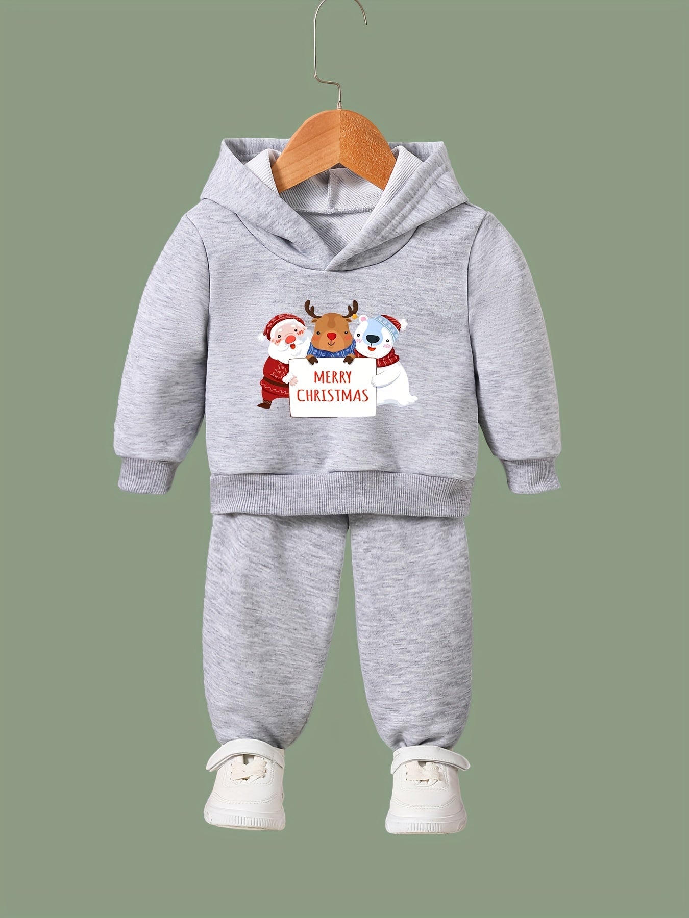 Girls 2pc Santa Bear Deer Hooded Sweatshirt Solid Sweatpants Set