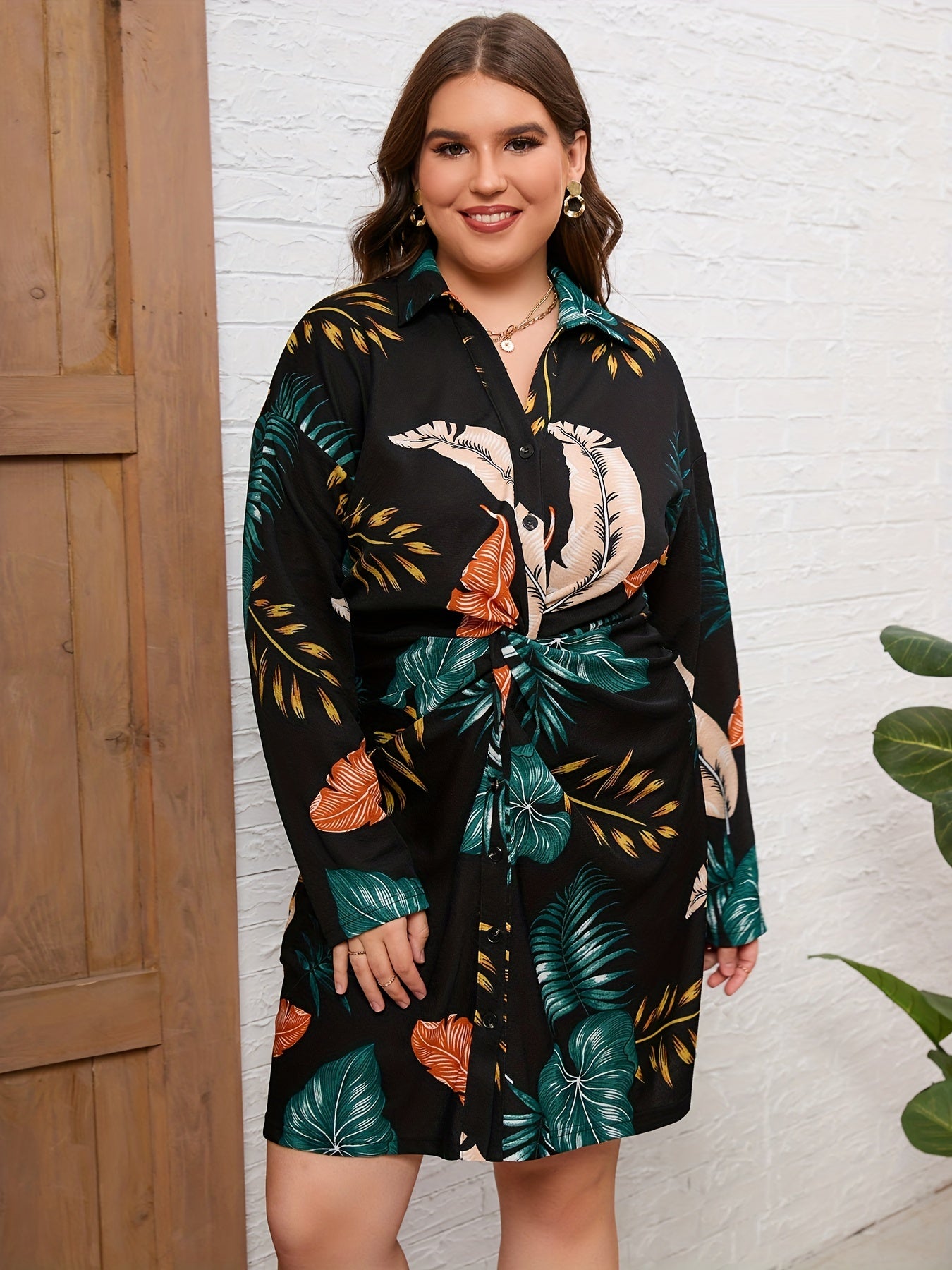  Tropical Print Button Up Long Sleeve Shirt Dress