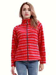 Women's Floral Print Zipper Front Long Sleeve Outdoor Jacket Coat