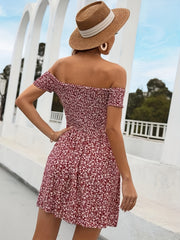  Ditsy Print Shirred Off Shoulder Mini Dress