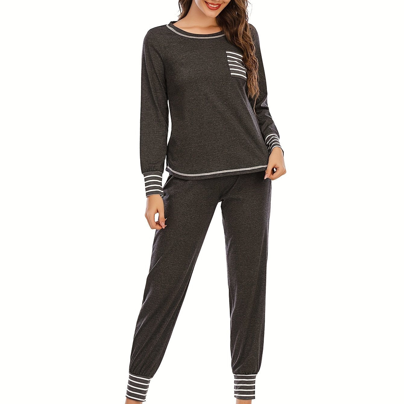 Striped Print Lounge Set Long Sleeve Top & Elastic Waistband Pants