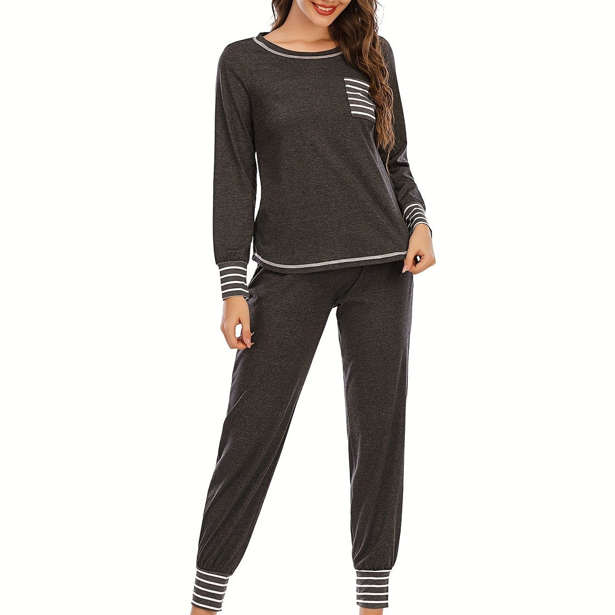 Striped Print Lounge Set Long Sleeve Top & Elastic Waistband Pants