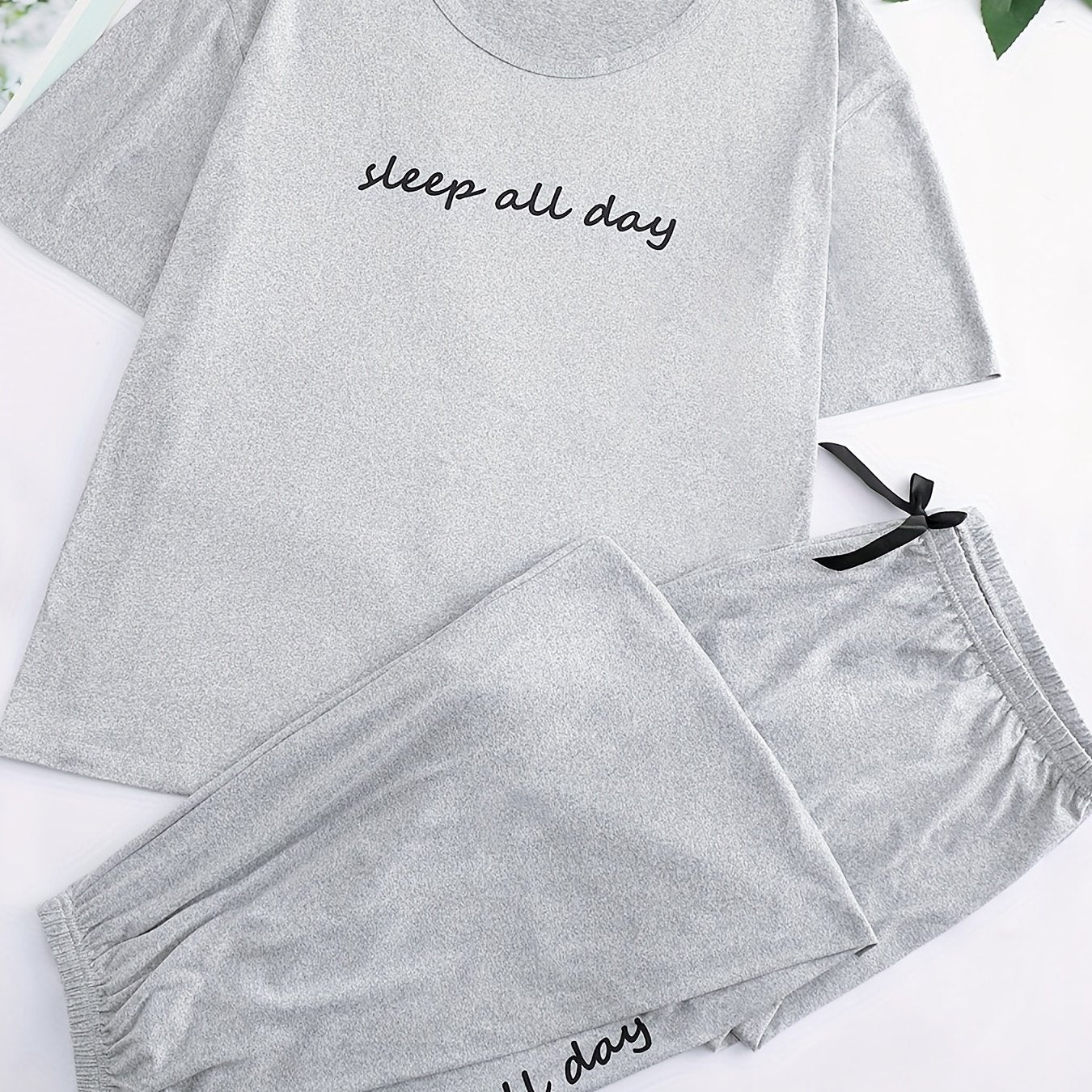  Letter Print Pajama Set Short Sleeve Top & Bow Knot Pants