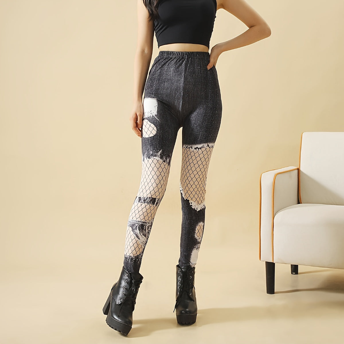 Denim Print High Waist Slim Pantyhose Women's Stockings