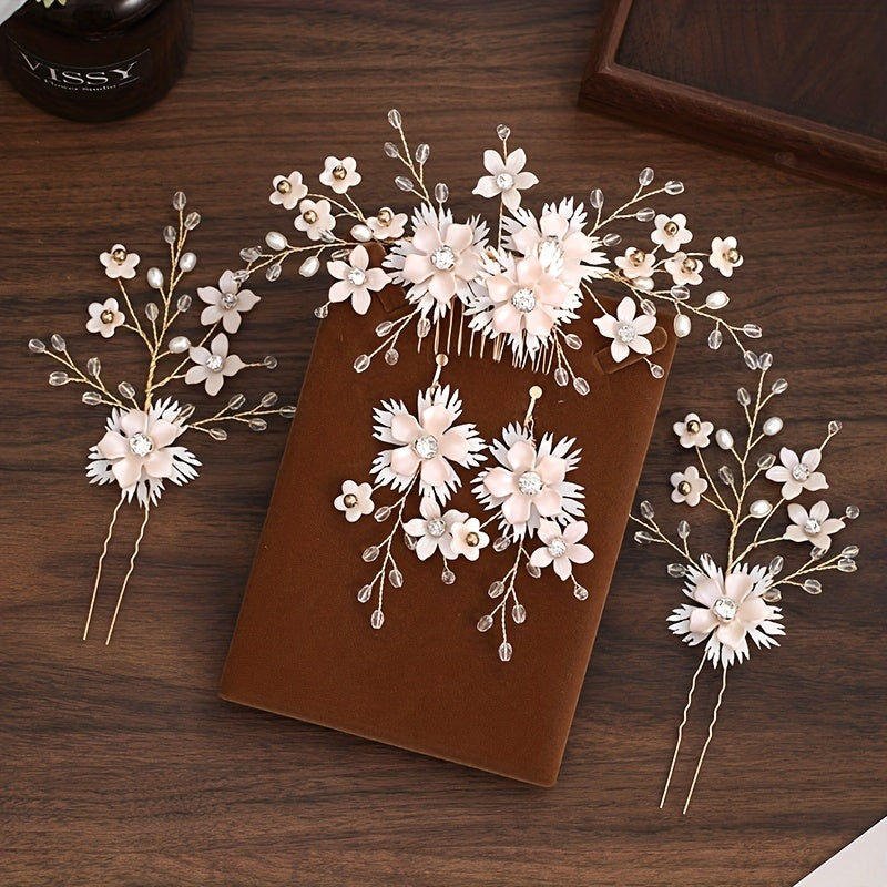 5pcs Bride Hair Comb Sweet Flower U-shaped Hairpin Wedding Dress Accessories