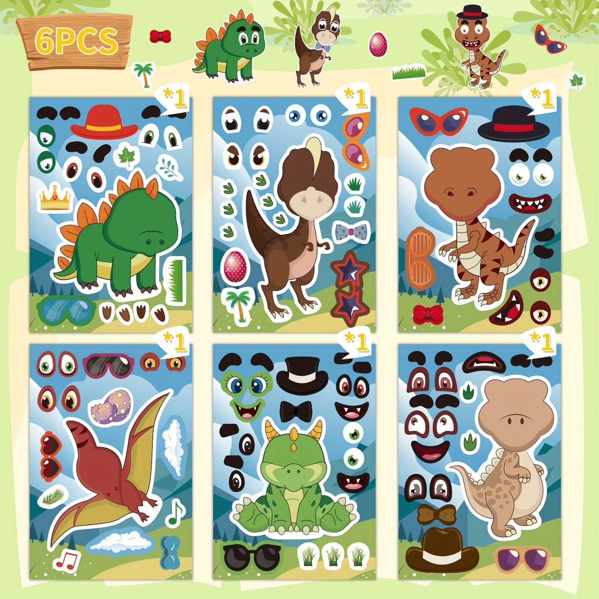 Cartoon Dinosaur Face Decal Sticker Set - 6pcs 12pcs Disposable