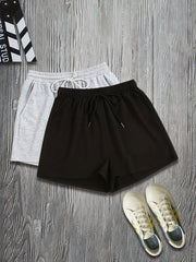 2 Pack Plus Size Casual Shorts Set Women's Plus Drawstring Baggy Shorts