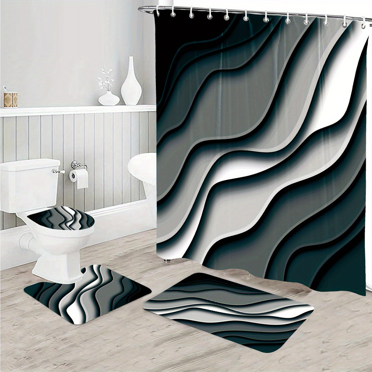 Marble Bathroom Decor Set - Shower Curtain & Non Slip Rug