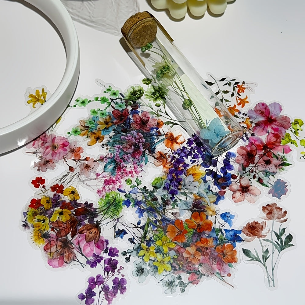 50pcs Waterproof Ink Flower Stickers Transparent PET Reusable Decals