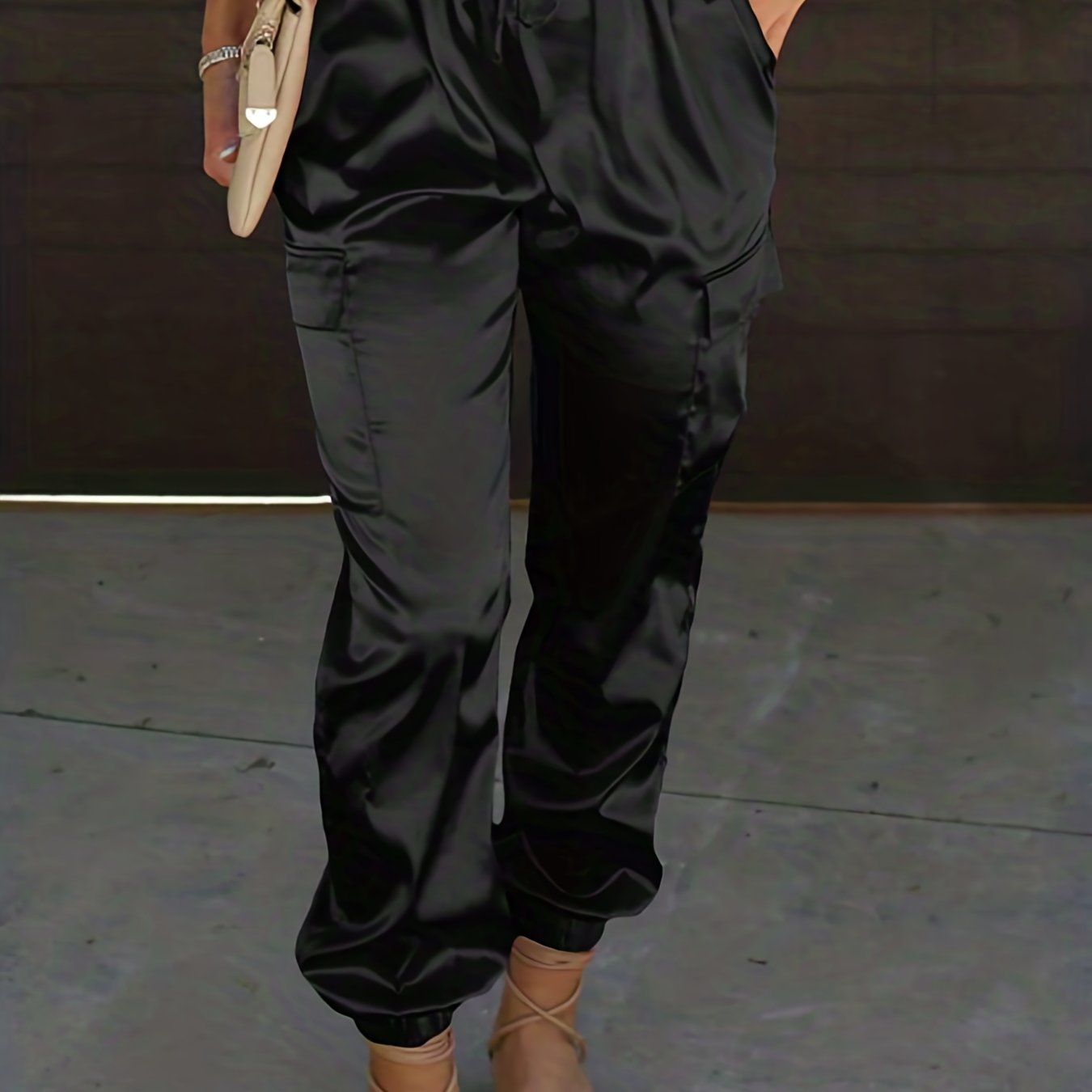 Women's Plus Solid Satin High Rise Cargo Jogger Trousers