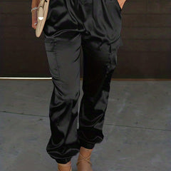 Women's Plus Solid Satin High Rise Cargo Jogger Trousers
