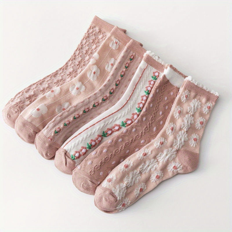 6 Pairs Floral Print Socks Sweet & 3D Textured Mid Tube Socks Women's Stockings