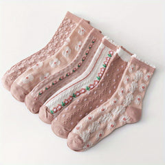 6 Pairs Floral Print Socks Sweet & 3D Textured Mid Tube Socks Women's Stockings